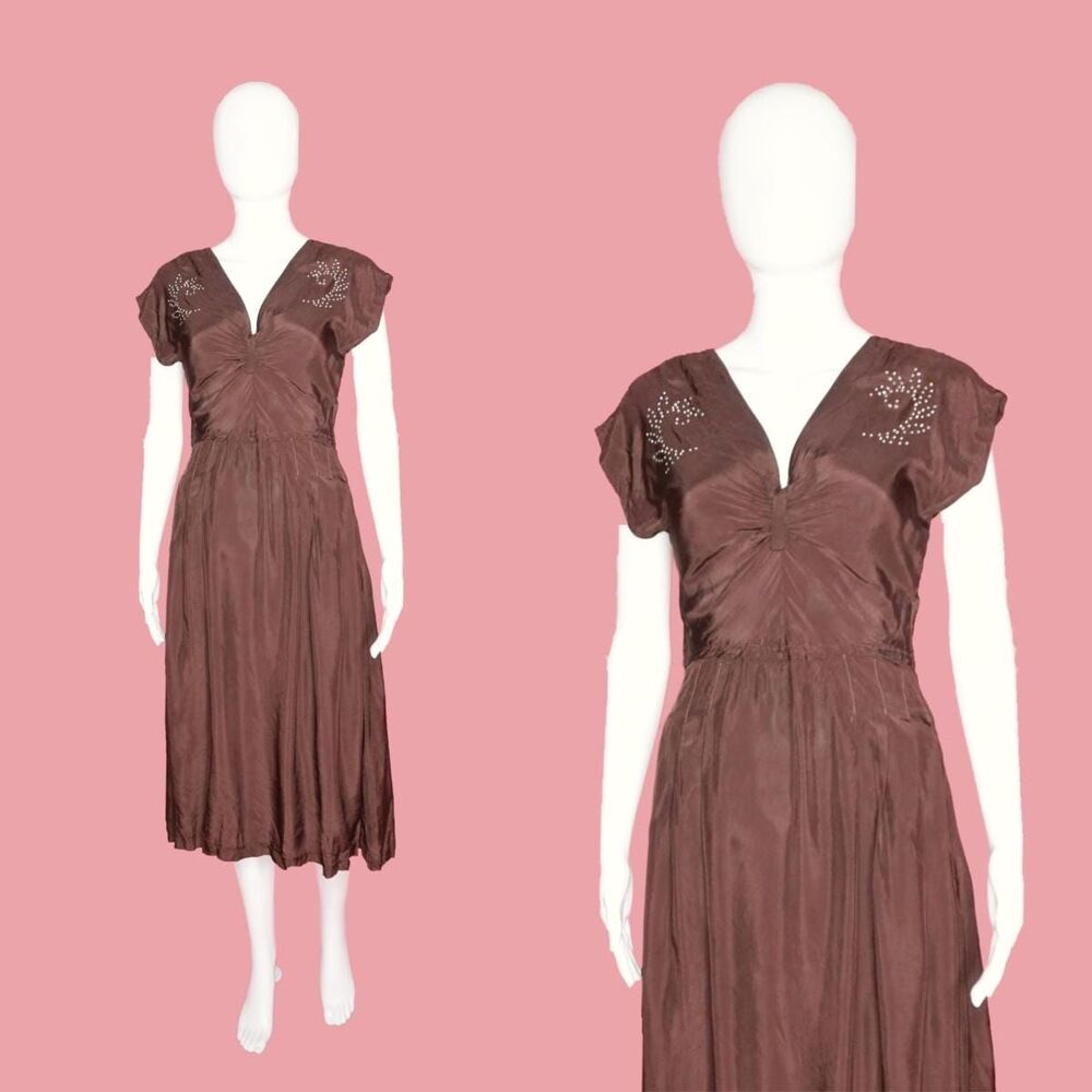 1970s YOUNG EDWARDIAN by ARPEJA Short Sleeve Dress W/Rhinestones. Small. AS IS